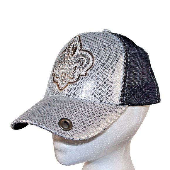Silver Bling Sequin Fleur De Lis Trucker Mesh Adjustable Baseball Hat NOLA Cap - Picture 2 of 12